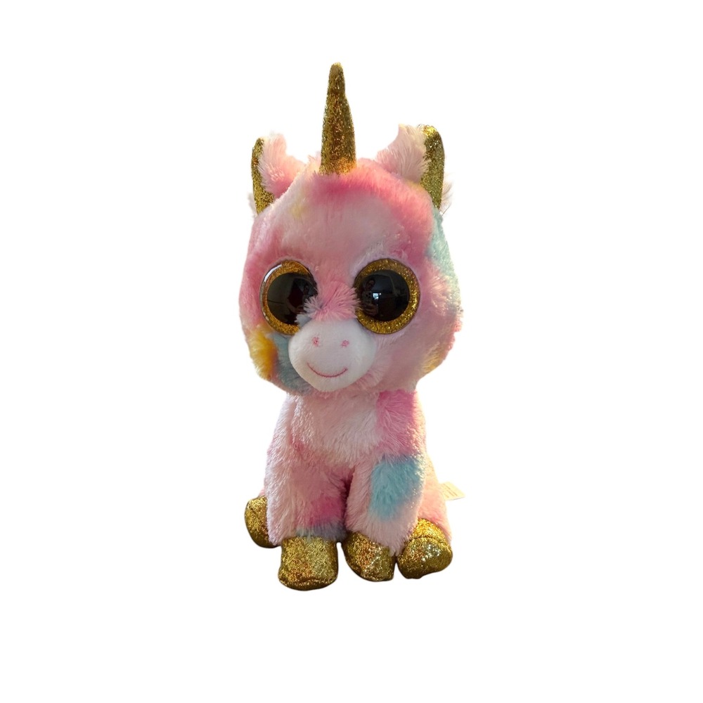Ty Beanie Boos Fantasia Unicorn Pink Tie Dye Plush Gold Glitter 6 Inch Medium‎